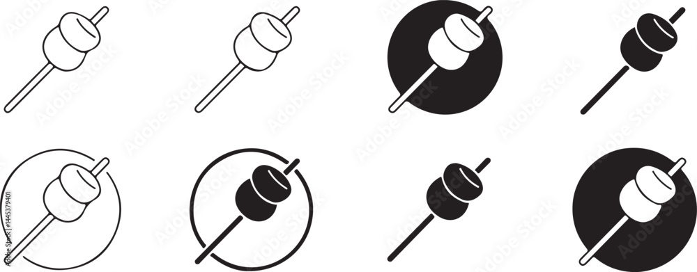 Poster marshmallow on a stick icon set line art and solid