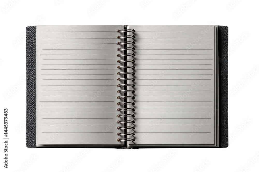 Poster open spiral notebook with lined pages and visible binding design