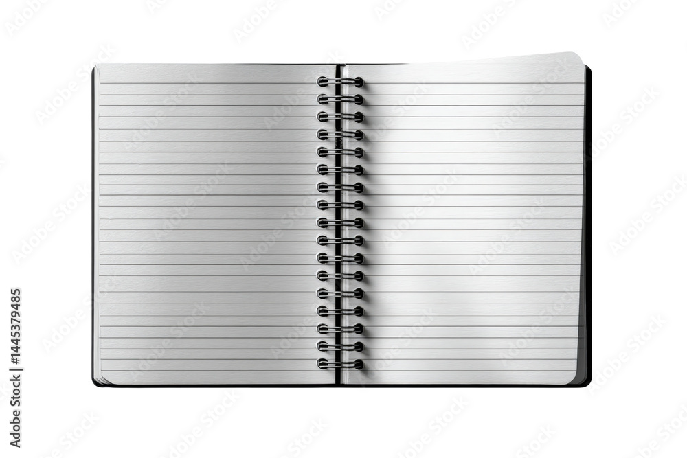 Poster open spiral notebook with lined pages on a white background