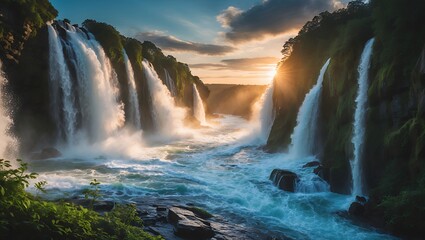 Waterfall cascading down rocks at scenic sunset