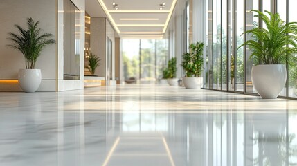 Obraz premium Blurred view of a hotel or office lobby with modern luxury white room space and glass wall windows.