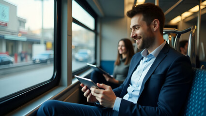 Professional Exploring Flexible Job Options on Tablet While Commuting on Urban Train: Symbolizing Work-Life Balance & Gig Economy - Photo Stock Concept with Empty Space