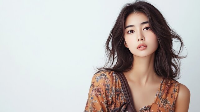 Beautiful Asian woman in dress with purse on white.