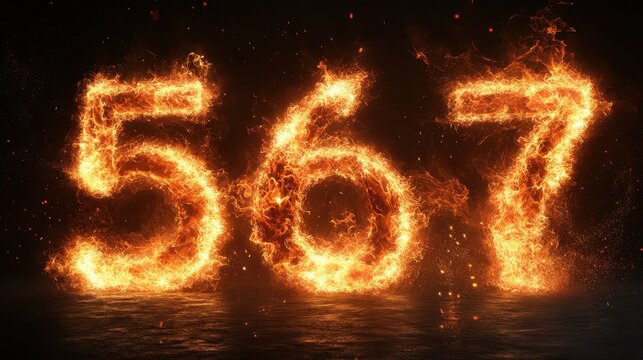 Fiery numerals 567 on dark background with intense flames and sparks display