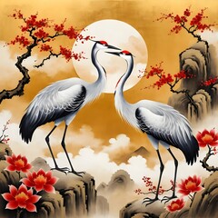 Pair of Cranes in Blossom Landscape