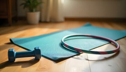 fitness mat, dumbbells and hula hoop on floor at home