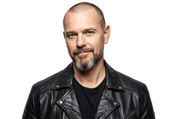 Studio portrait of a confident middle-aged Caucasian man with a goatee and short hair, wearing a black leather jacket against a dark background.