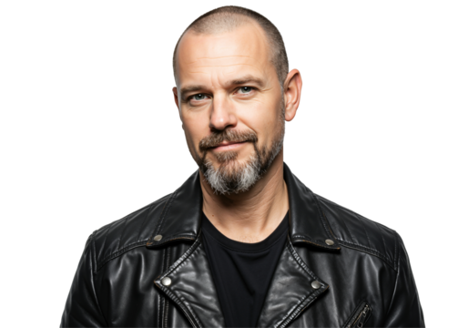 Studio portrait of a confident middle-aged Caucasian man with a goatee and short hair, wearing a black leather jacket against a dark background.