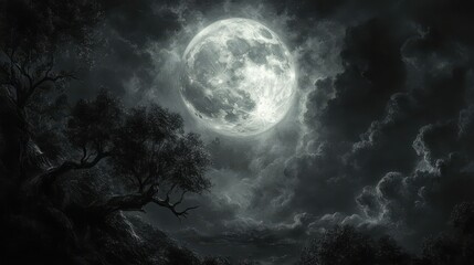 Enchanting full moon illuminating clouds in mysterious night sky