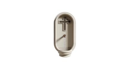 Modern religious water fountain with a prominent cross on a stark black backdrop.