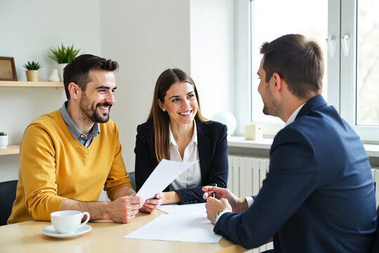 Smiling couple professional meeting financial advisor reviewing documents at table in office