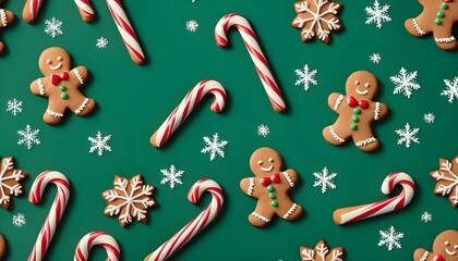 Festive Christmas Flat Lay Gingerbread Men, Candy Canes, and Snowflakes