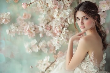 Elegant woman in a delicate floral setting.