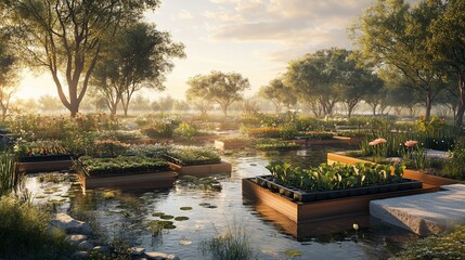 Serene garden elevated planters on water, nature's embrace, tranquil escape