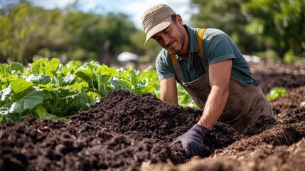 Young caucasian male farmer gardening in lush green vegetable field on sunny day