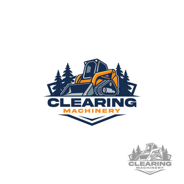 The logo features a bold, stylized hexagonal background framing an illustration of a skid steer and pine trees, blending rugged machinery with natural elements for a strong identity.