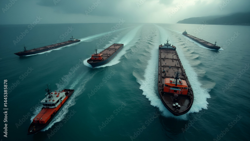 Poster aerial view of ocean disaster: overturned vessels and emergency response boats in turbulent waters -
