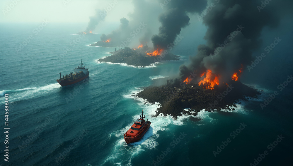 Poster aerial view of chaotic ocean disaster scene with overturned vessels debris field and emergency respo
