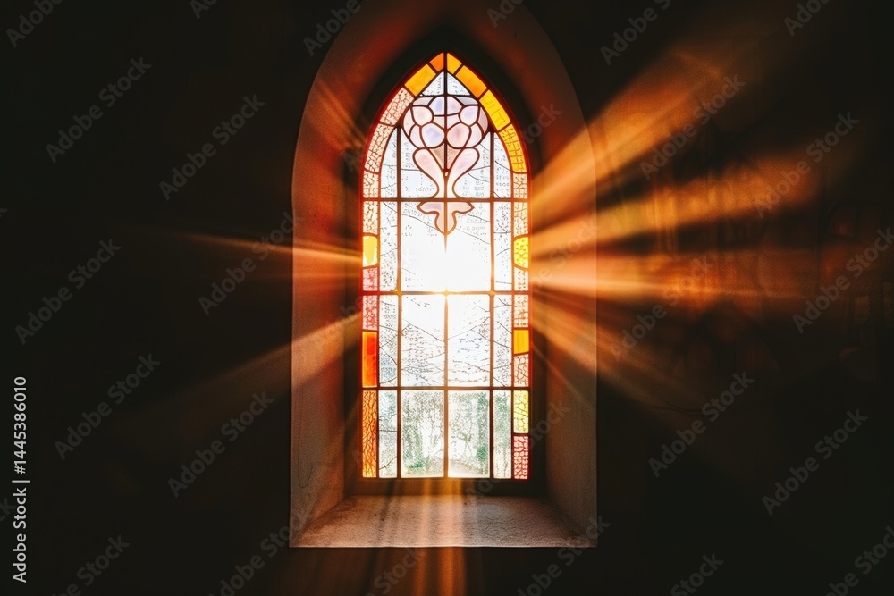 Poster sunlight streams through a stained glass window in a dark space.
