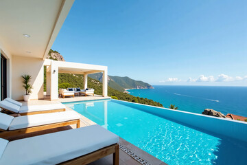 Fototapeta premium Luxurious Infinity Pool with Ocean View in Light Colors Representing Tropical Resort Escape and Opulence [with copy space]