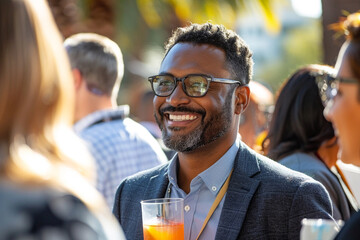 A vibrant gathering of professionals engage in meaningful conversations about their respective businesses while enjoying refreshing beverages at an outdoor networking event    