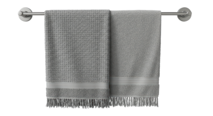 Isolated Gray Bathroom Towels Hanging on Bar