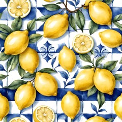 Watercolor Lemons on Blue and White Tile Background
