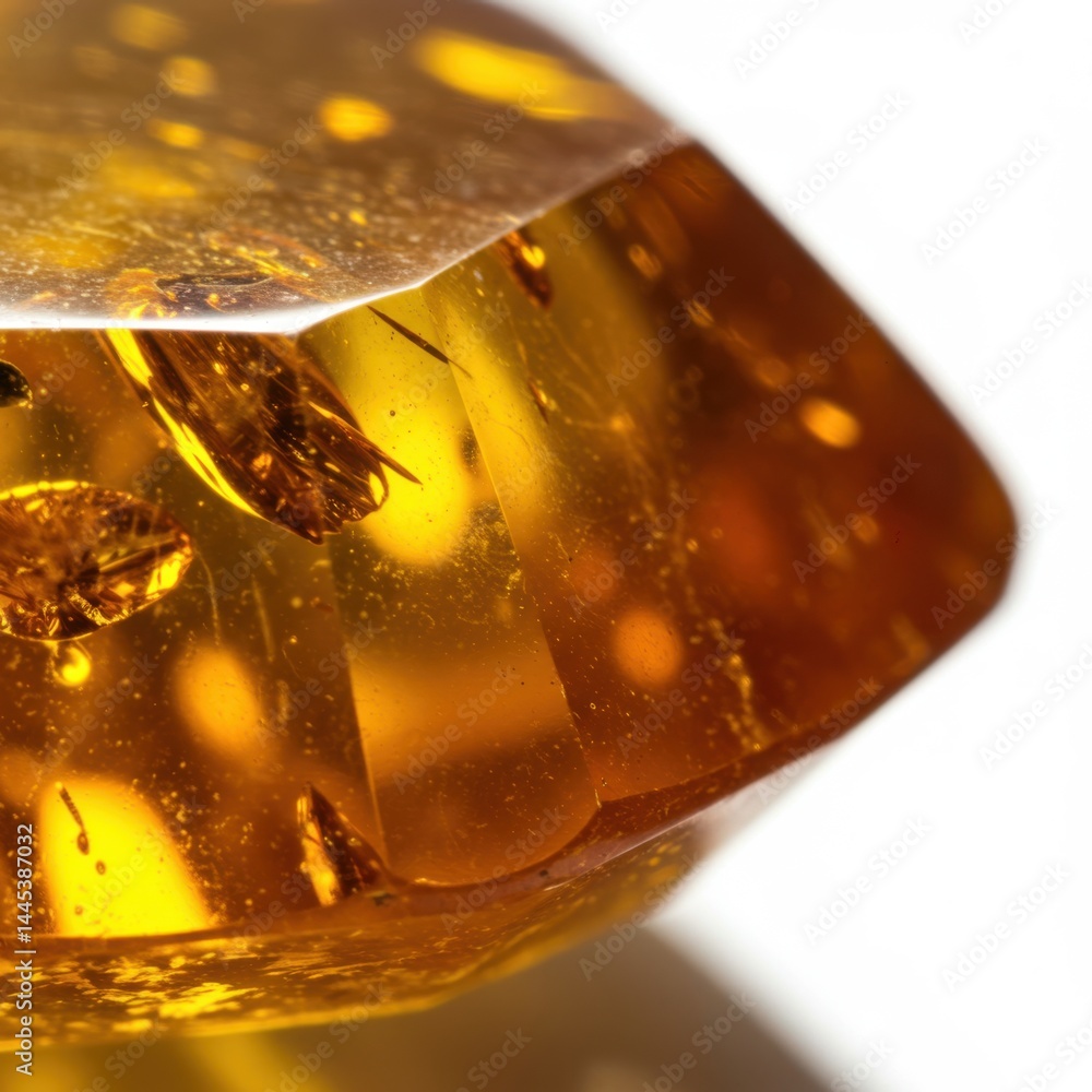 Poster close up shot of amber with inclusions of plant matter and possible insect fossil on a white backgro