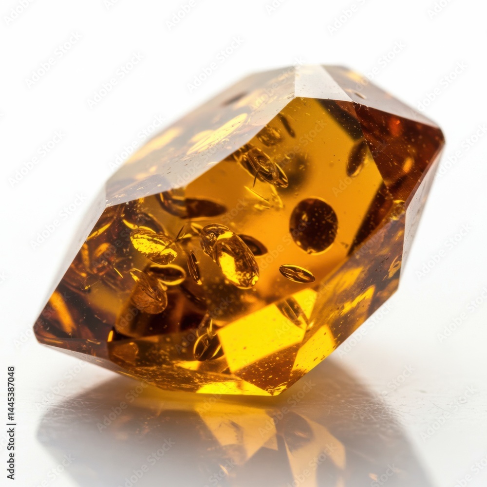 Poster a close up of a faceted piece of amber with inclusions on a white surface with subtle reflection