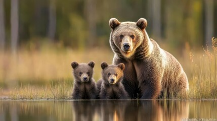 Fototapeta premium Grizzly bear family by tranquil lake at sunrise in forest