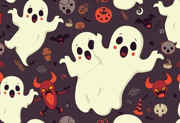 Spooky Halloween ghost seamless vector pattern  Cartoon devil & evil doodles on a tileable background ideal for gift wrap, spider, holiday