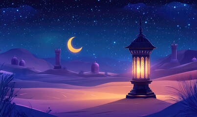 Fototapeta premium Ornate Arabic Lantern and Crescent Moon with Starry Night Sky for Ramadan Celebration. AI generated illustration.