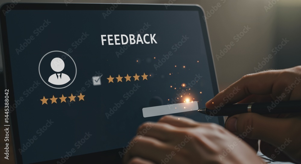 Poster digital customer feedback analysis: a close-up of hands engaging with online review system displayin