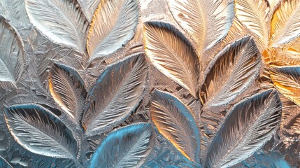 Close-up of frosty icy leaves with intricate details and textured surface, showcasing natural frost patterns and cold weather effects on plant foliage