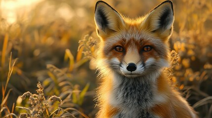 Obraz premium Majestic red fox in sunlit meadow at sunrise