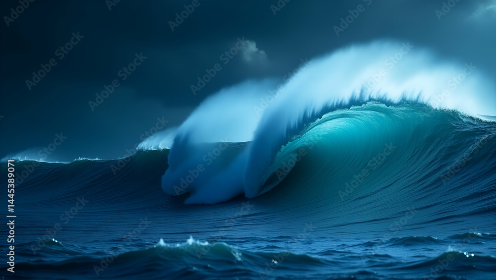 Poster high definition digital art of massive ocean wave cresting with illuminated spray and storm clouds -