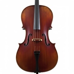 Close up of a brown cello with f holes and strings against a white background in a studio setting