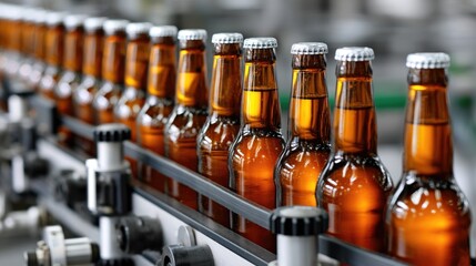 Production of beer in a glass bottle factory highlights machinery and bottles with clean lines and intricate details
