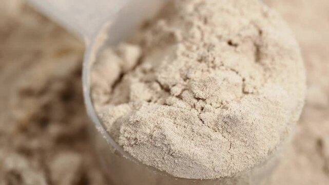 Protein powder in a measuring spoon. Bodybuilding, fitness and lifestyle in the gym. The concept of sports, health and nutrition	
