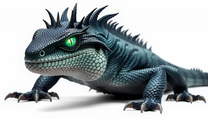 Fototapeta premium Blue Dragon Like Creature Isolated on White Background with Spiky Black Scales and Green Eyes for Fantasy Illustration Perfect for Digital Art Design and Creative Projects