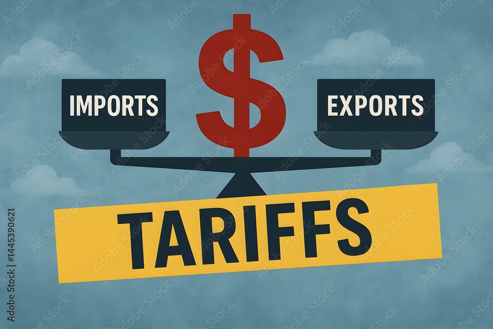 Poster scale balancing imports and exports with a dollar sign, symbolizing tariffs.