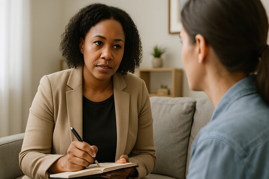 Therapist listens attentively to a client, symbolizing support and healing in post-trauma therapy.