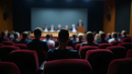 Panel Discussion on Tariffs vs Free Trade: Economists Debate Pros and Cons in University Auditorium - Photo Stock Concept with Empty Space for Text