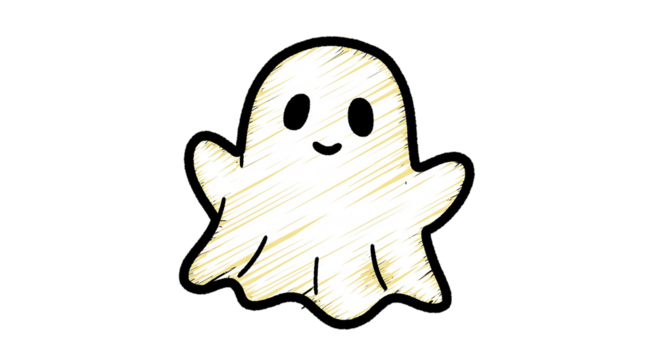 A simple drawing of a cartoon ghost with a happy face and a black background in a cutout style