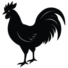 A black silhouette of a rooster standing in profile, showcasing its distinctive comb, tail feathers, and overall shape 