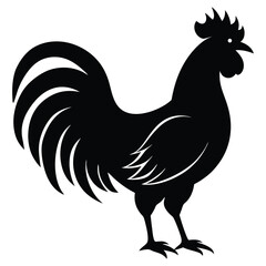 A black silhouette of a rooster standing in profile, showcasing its distinctive comb, tail feathers, and overall shape 
