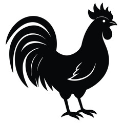A black silhouette of a rooster standing in profile, showcasing its distinctive comb, tail feathers, and overall shape 