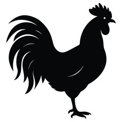 A black silhouette of a rooster standing in profile, showcasing its distinctive comb, tail feathers, and overall shape 