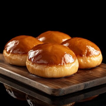 Sweet buns, wood board, isolated on black glass.