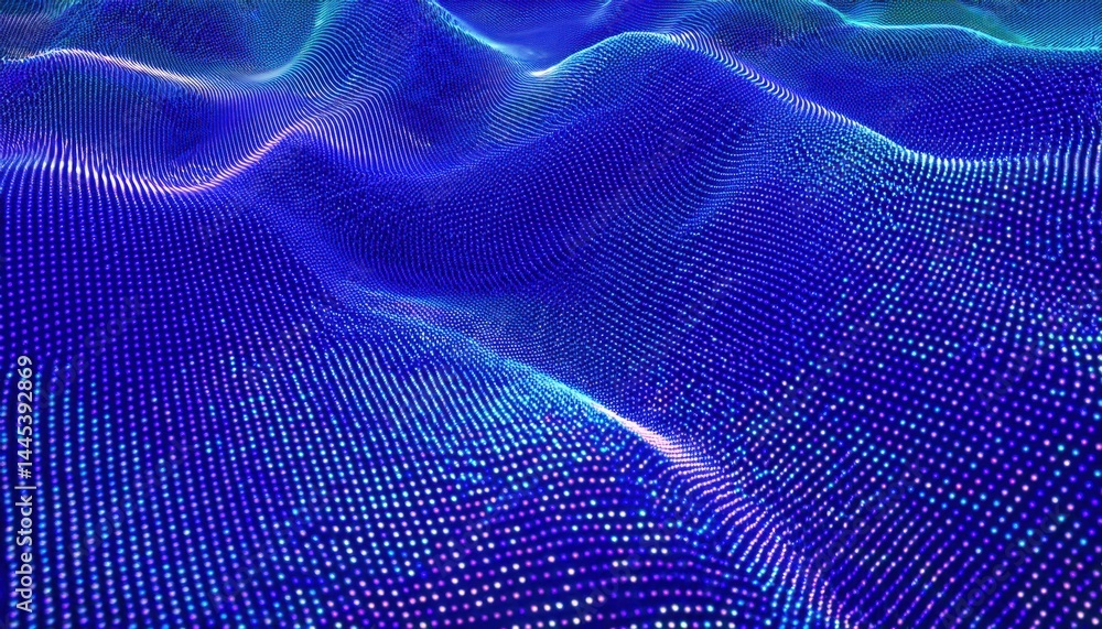 Poster abstract 3d glowing wave of blue and violet dots for futuristic web design, digital branding, ui bac